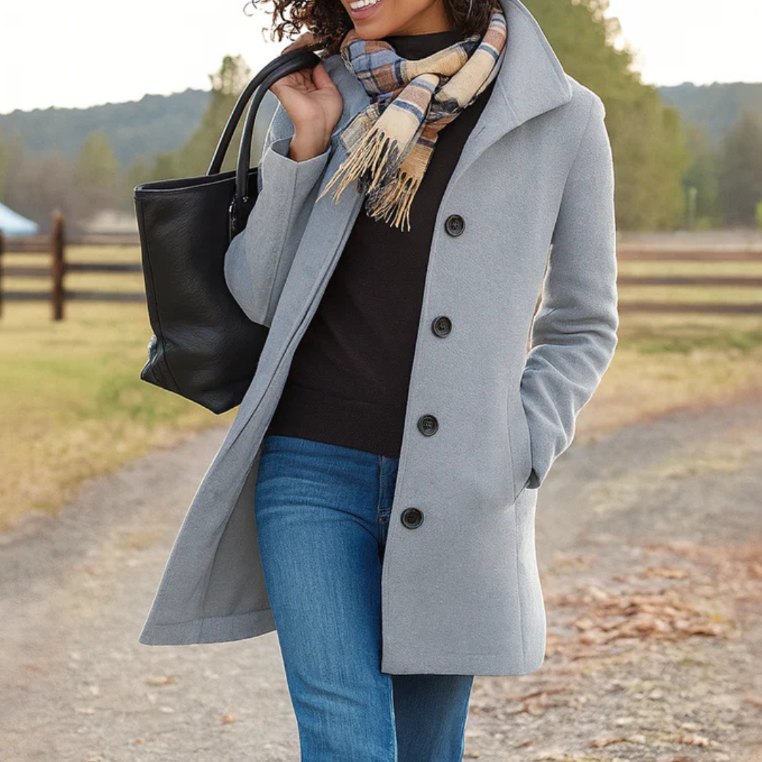 Women's Classic Button-Front Winter Coat | Helga in Khaki - Juana Fashion