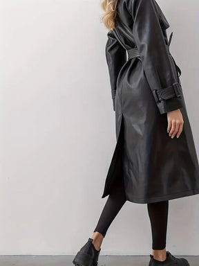 Women's Long Belted Faux Leather Trench Coat | Edith - Juana Fashion