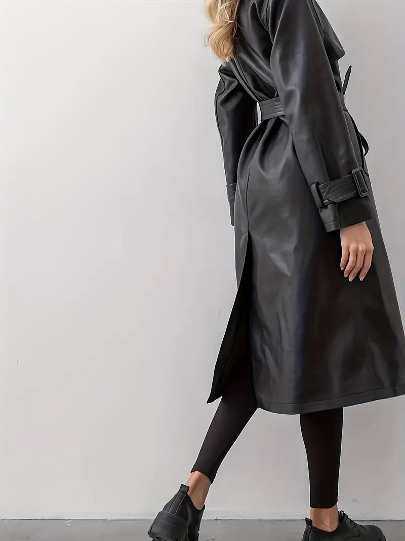 Women's Long Belted Faux Leather Trench Coat | Edith - Juana Fashion