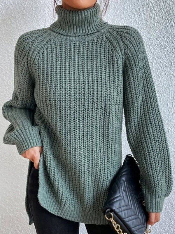 Women's Raglan Sleeve Side Slit Turtleneck Sweater — View 5