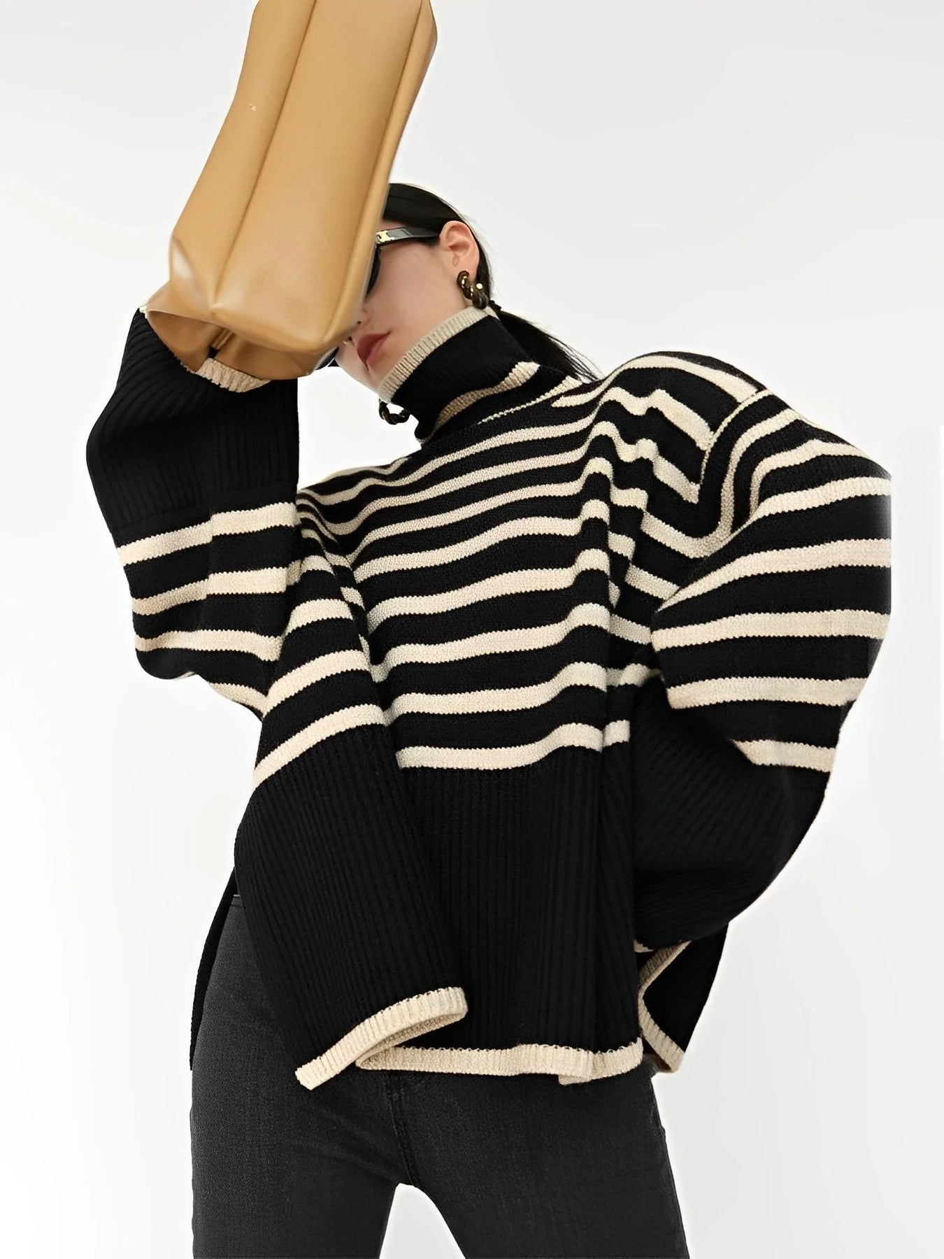 Women's Wool Oversized Striped Turtleneck Sweater — View 1