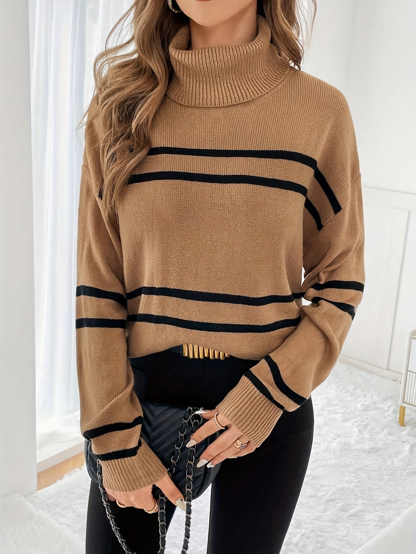 Women's Striped Turtleneck Sweater — View 9
