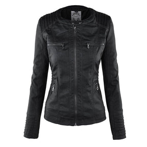 Women's Floral Zip Front Leather Look Jacket — View 5