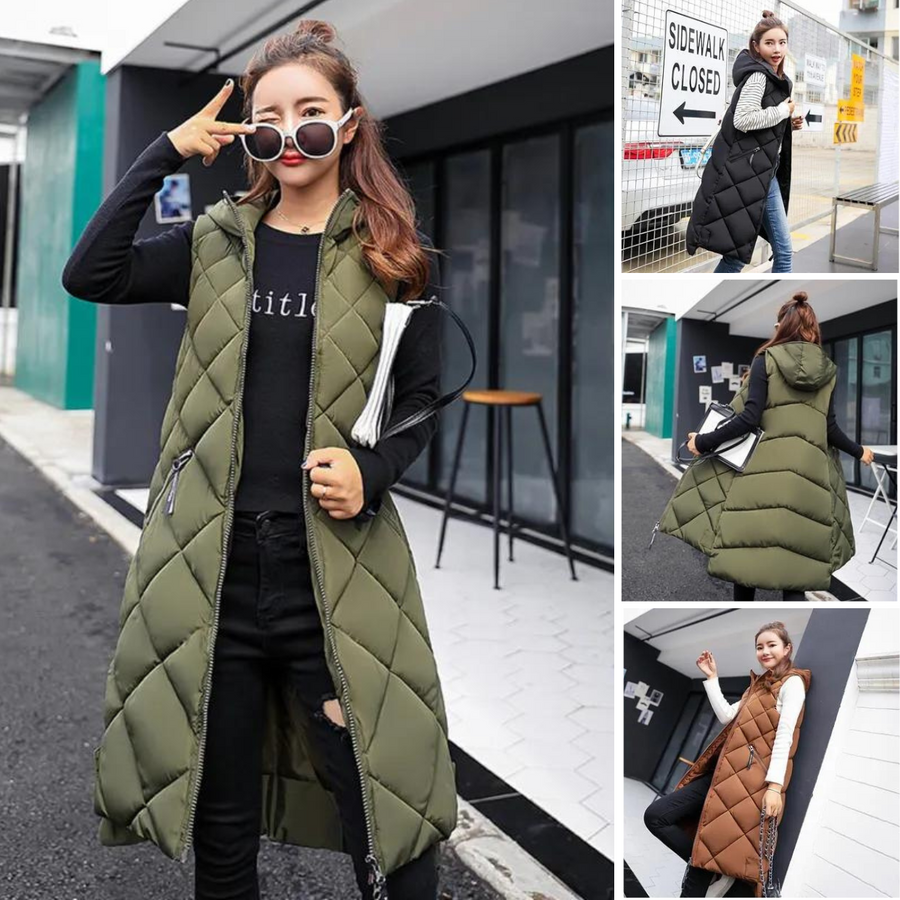 Women's Hooded Longline Sleeveless Puffer Vest — View 2