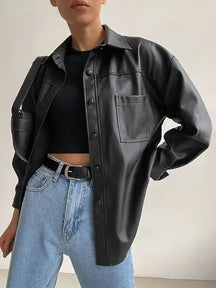 Women's Single Breasted Long Sleeve Faux Leather Jacket — View 2