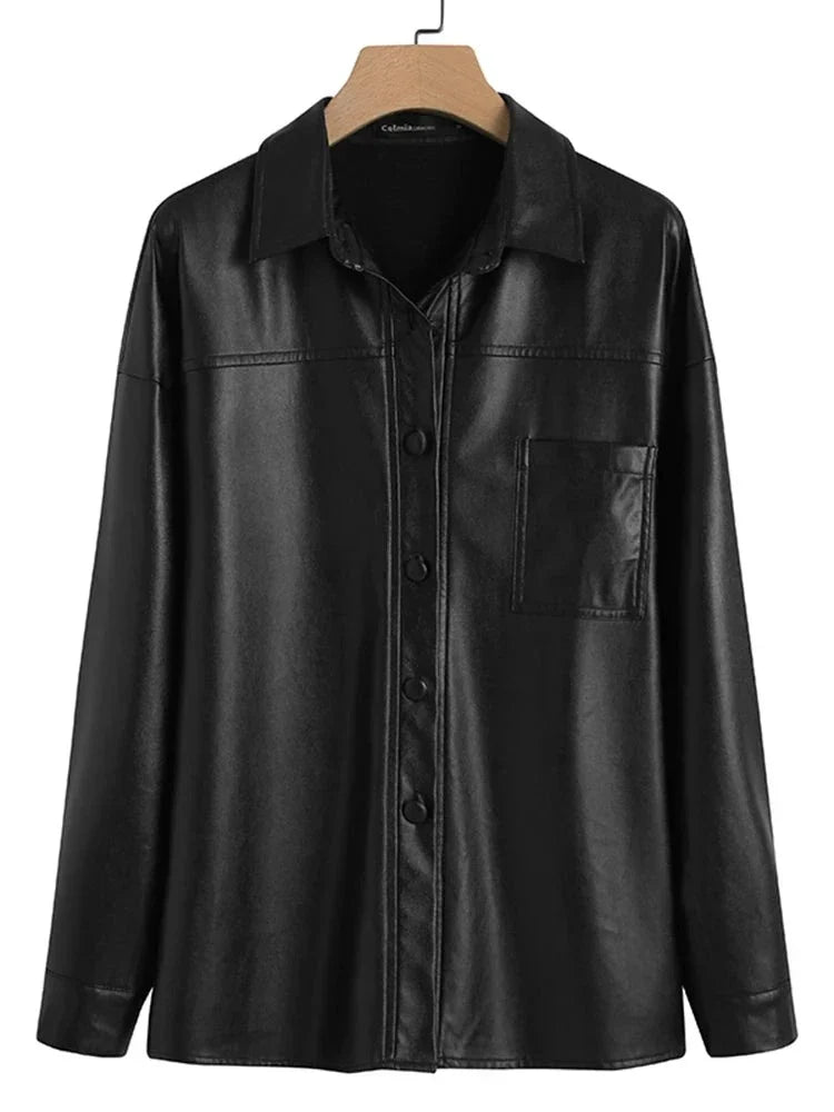 Women's Single Breasted Long Sleeve Faux Leather Jacket — View 1