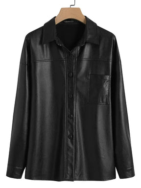 Women's Single Breasted Long Sleeve Faux Leather Jacket — View 1