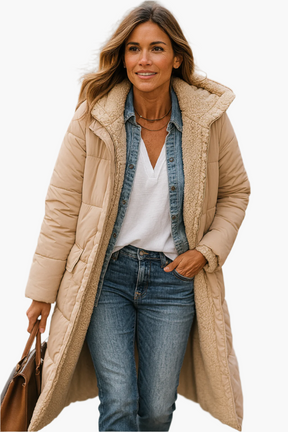 Women's Long Hooded Quilted Jacket | Angela in Navy - Juana Fashion