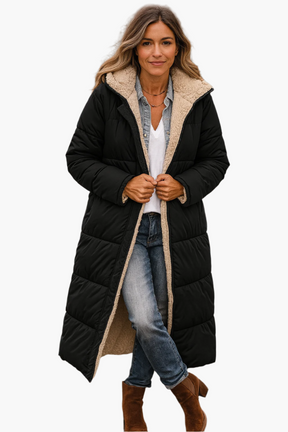 Women's Long Hooded Quilted Jacket | Angela in Black - Juana Fashion