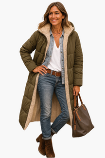 Women's Long Hooded Quilted Jacket | Angela in Black - Juana Fashion
