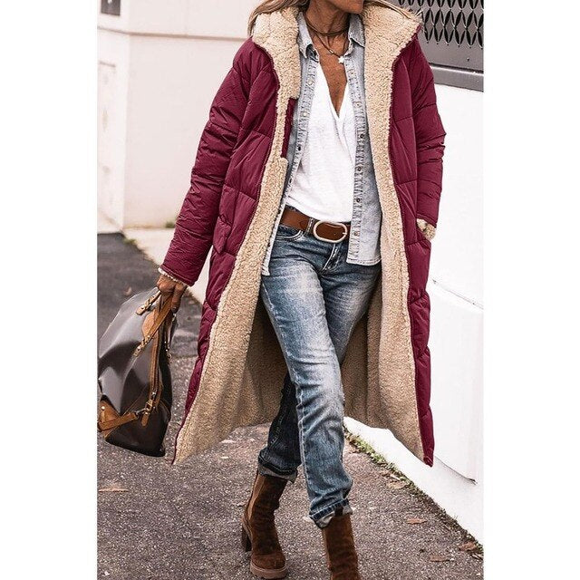 Women's Hooded Reversible Longline Puffer Coat — View 6