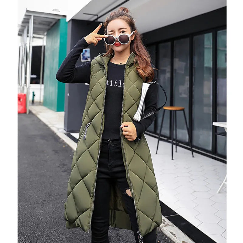 Women's Hooded Longline Sleeveless Puffer Vest — View 5