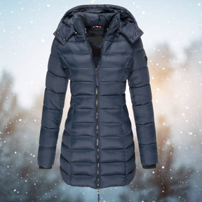 Women's Long Hooded Quilted Jacket | Nicole in Navy - Juana Fashion