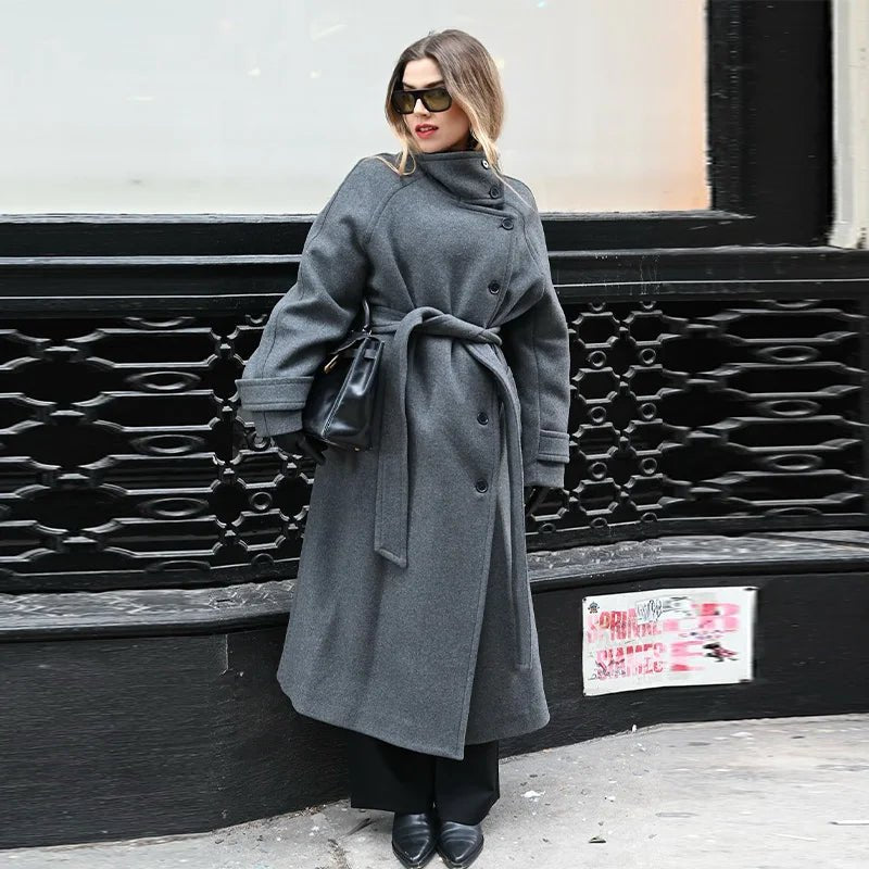 Women's Belted Winter Trench Coat | Kerstin in Gray - Juana Fashion