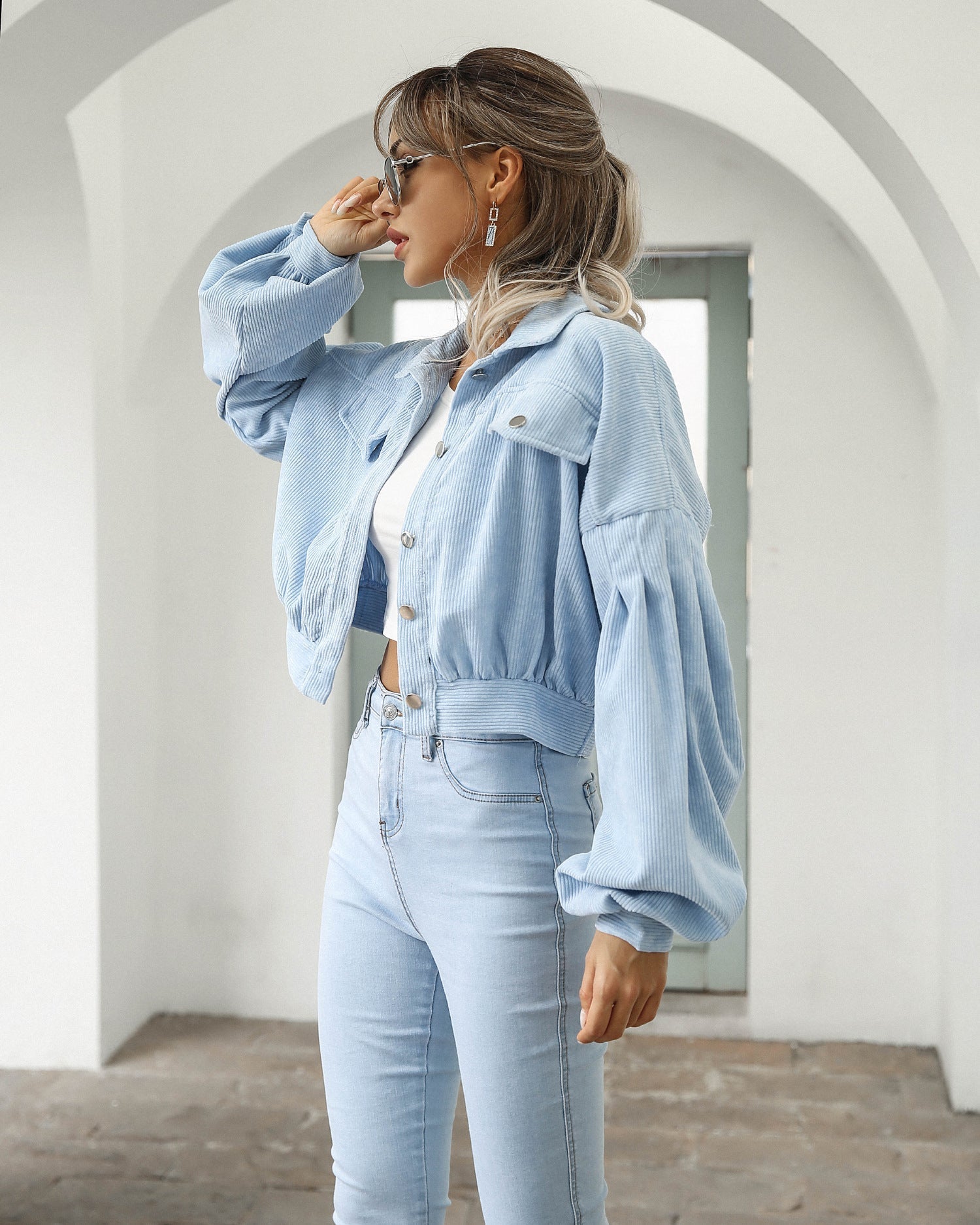 Women's Corduroy Lantern Sleeve Short Jacket — View 3