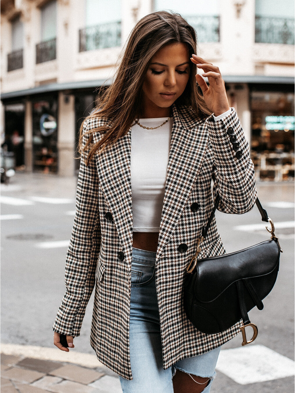 Women's Plaid Double Breasted Blazer — View 1