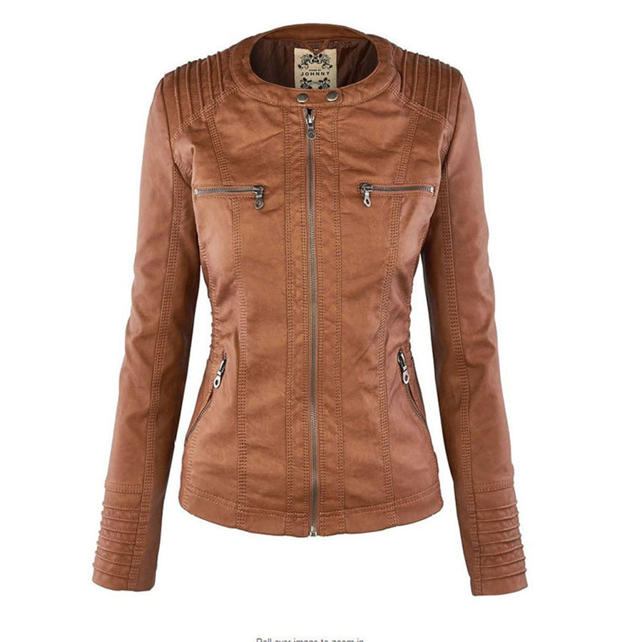 Women's Floral Zip Front Leather Look Jacket — View 2
