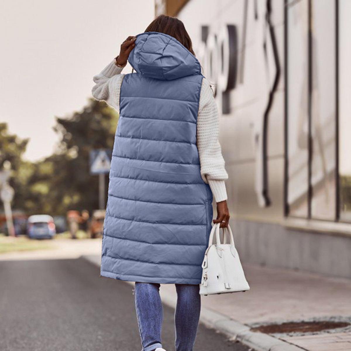 Women's Long Hooded Quilted Vest | Daniela in Light Blue - Juana Fashion