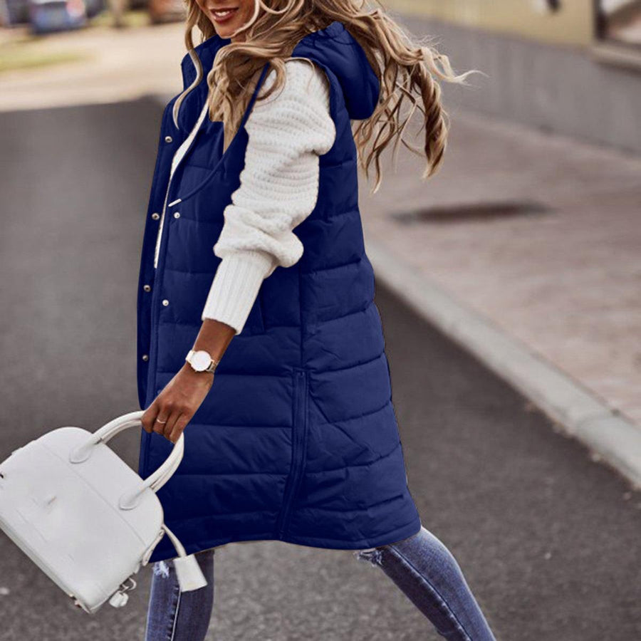 Women's Long Hooded Quilted Vest | Daniela in Light Blue - Juana Fashion