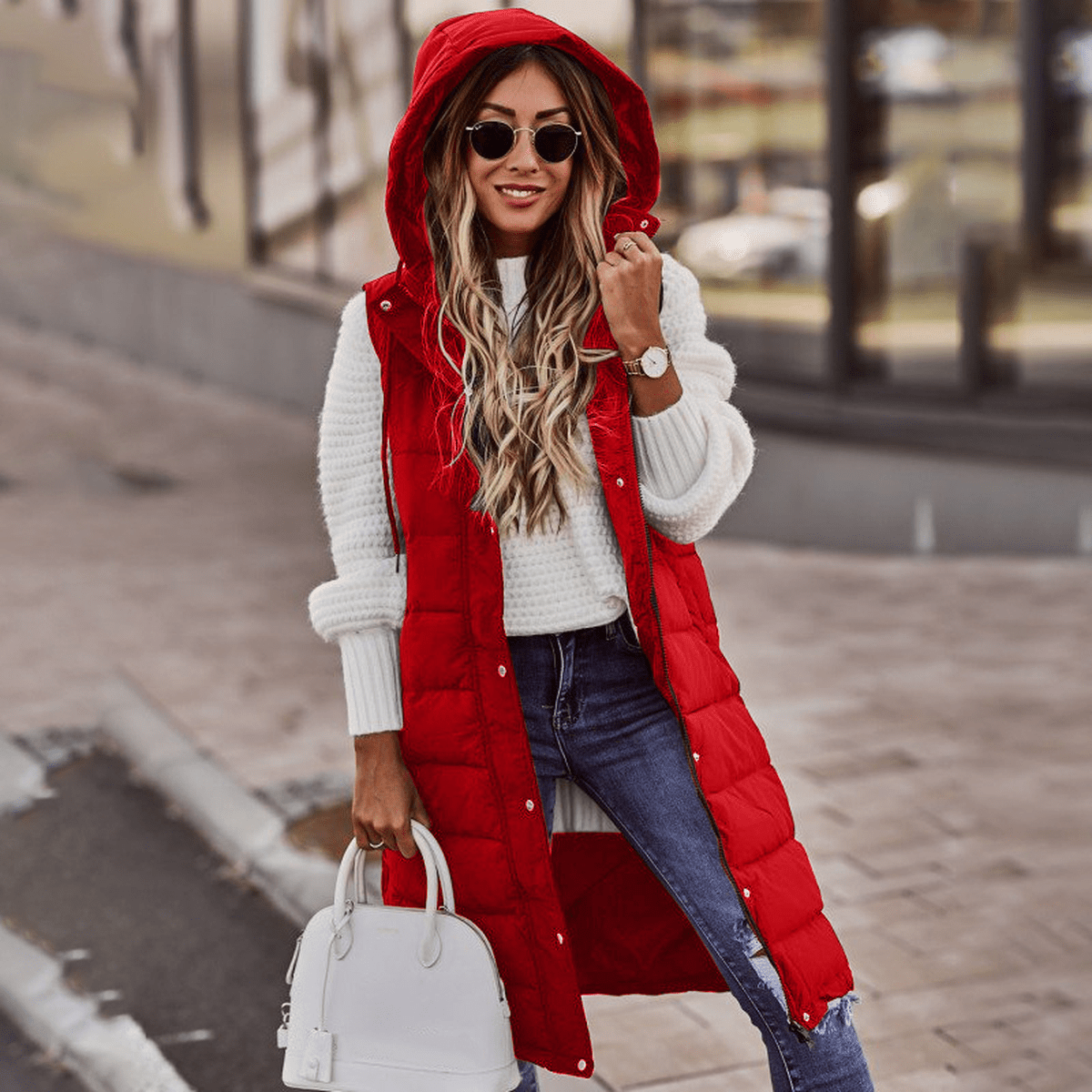 Women's Long Hooded Quilted Vest | Daniela in Light Blue - Juana Fashion