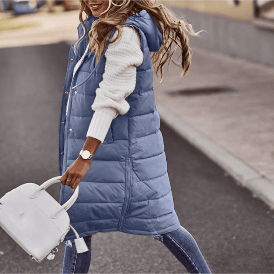 Women's Long Hooded Quilted Vest | Daniela in Light Blue - Juana Fashion