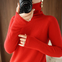 Women's Fitted Fine Knit Thumbhole Turtleneck Sweater — View 18