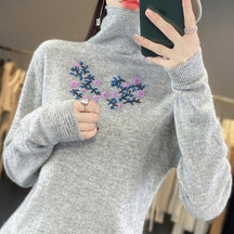 Women's Ribbed Fine Knit Floral Turtleneck Sweater — View 11