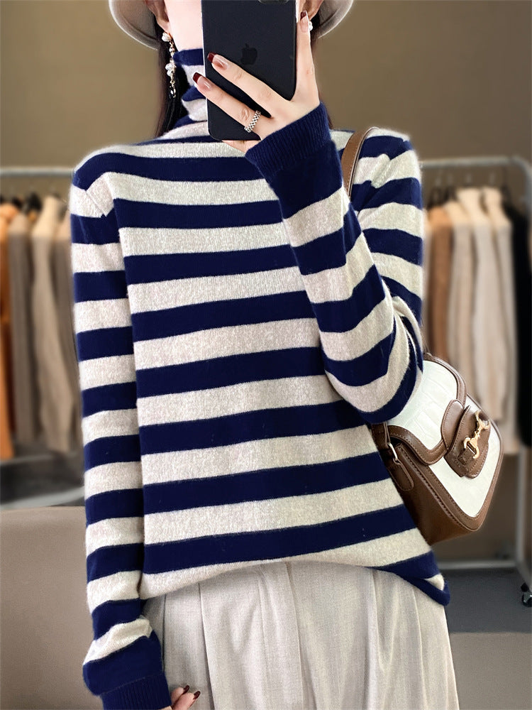 Women's Wool Blend Ribbed Striped Turtleneck Sweater — View 1