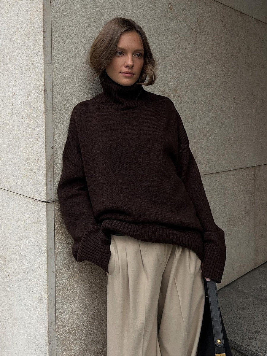 Women's Wool Blend Oversized Ribbed Turtleneck Sweater — View 10