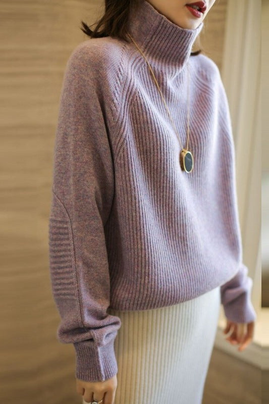 Women's Ribbed Fine Knit Raglan Sleeve Turtleneck Sweater — View 8
