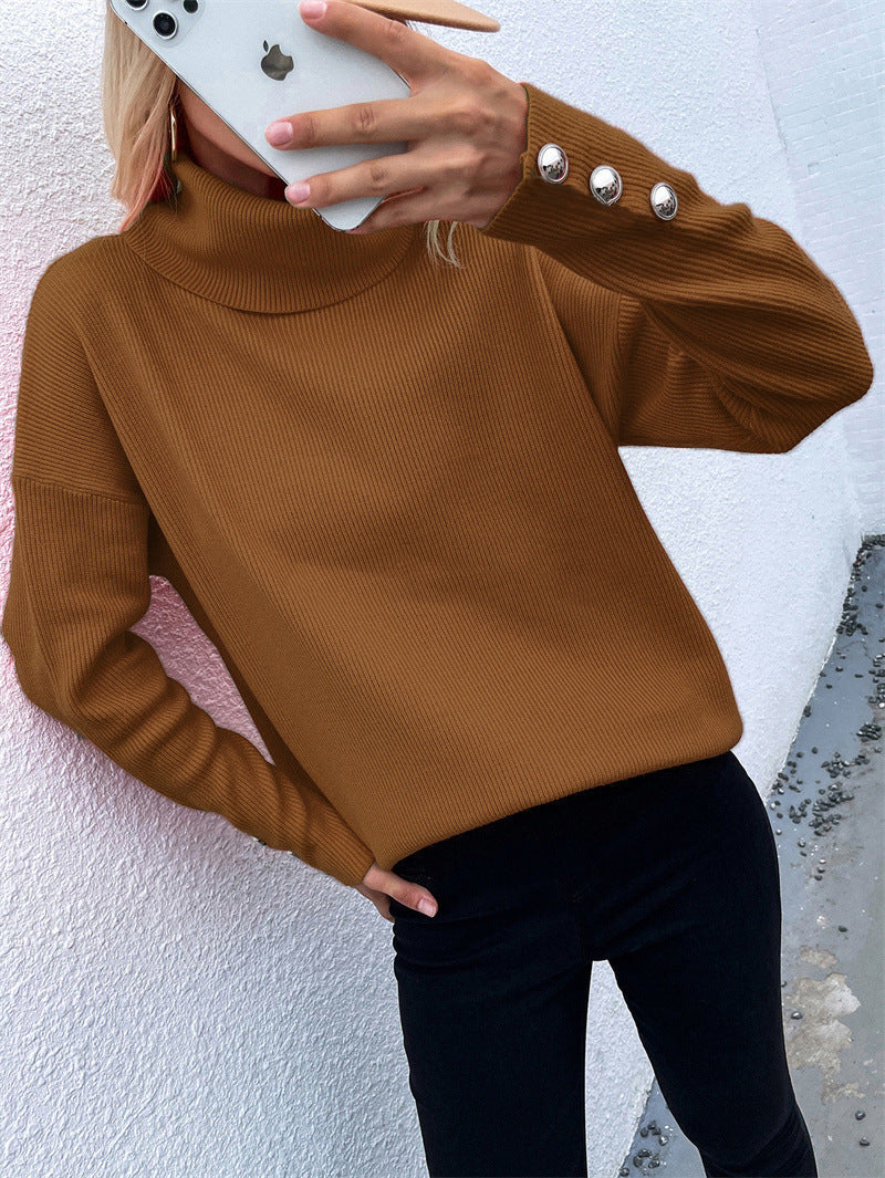 Women's Striped Button Detail Turtleneck Sweater — View 12