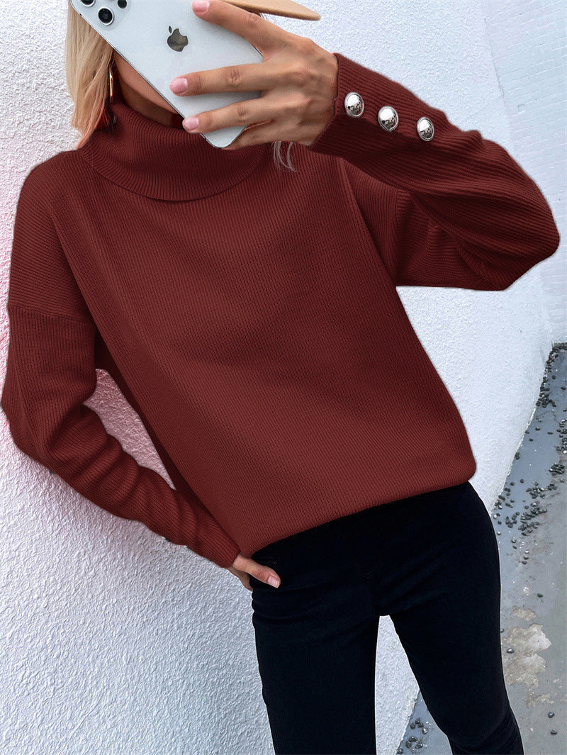 Women's Striped Button Detail Turtleneck Sweater — View 11