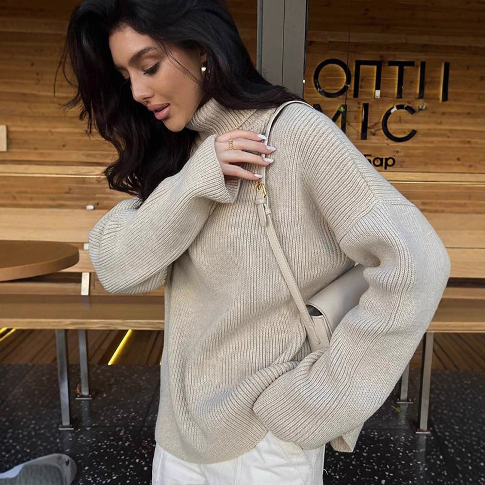 Women's Oversized Ribbed Drop Shoulder Turtleneck Sweater — View 3
