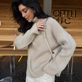 Women's Oversized Ribbed Drop Shoulder Turtleneck Sweater — View 3