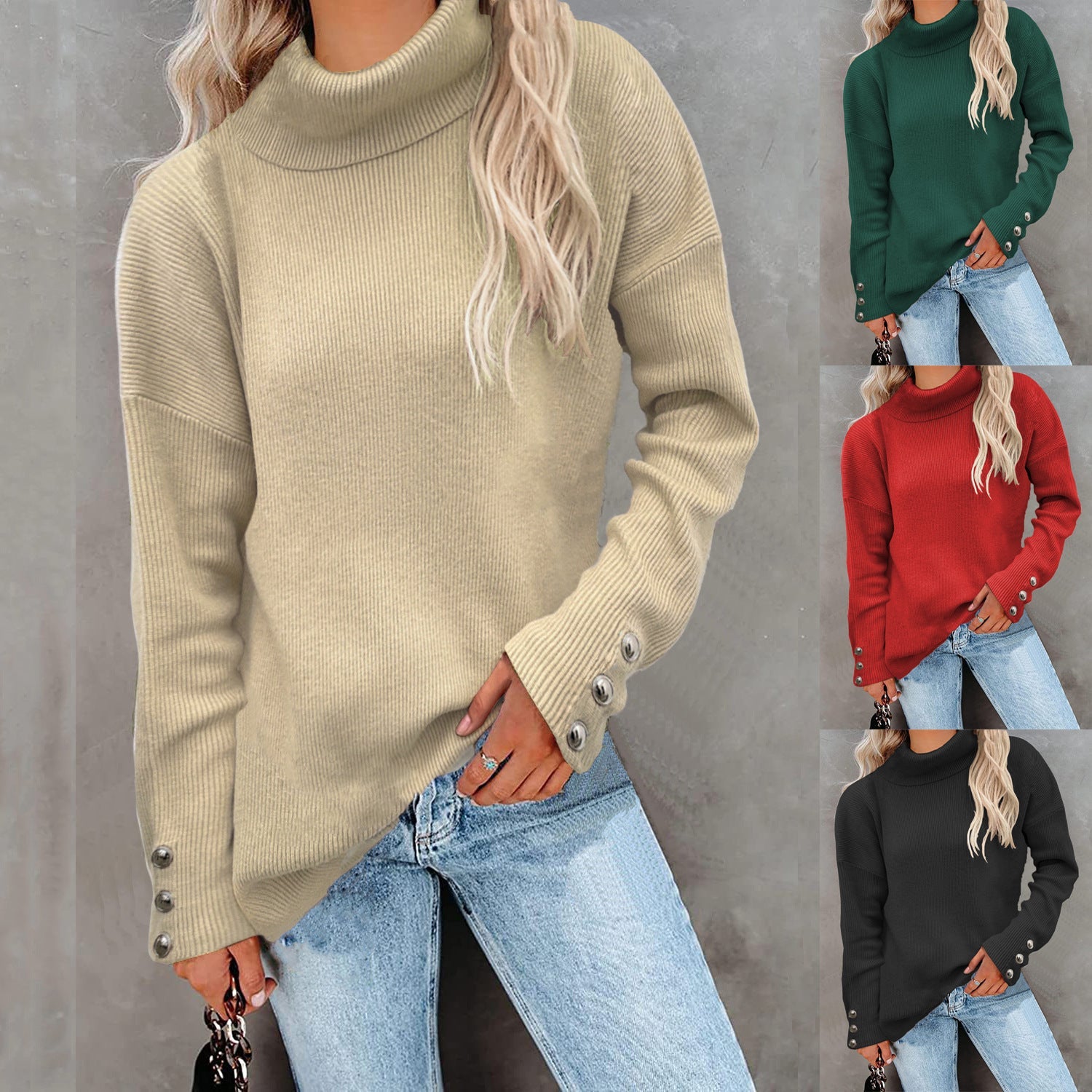 Women's Striped Button Detail Turtleneck Sweater — View 1