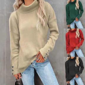 Women's Striped Button Detail Turtleneck Sweater — View 1