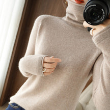 Women's Fitted Fine Knit Thumbhole Turtleneck Sweater — View 6