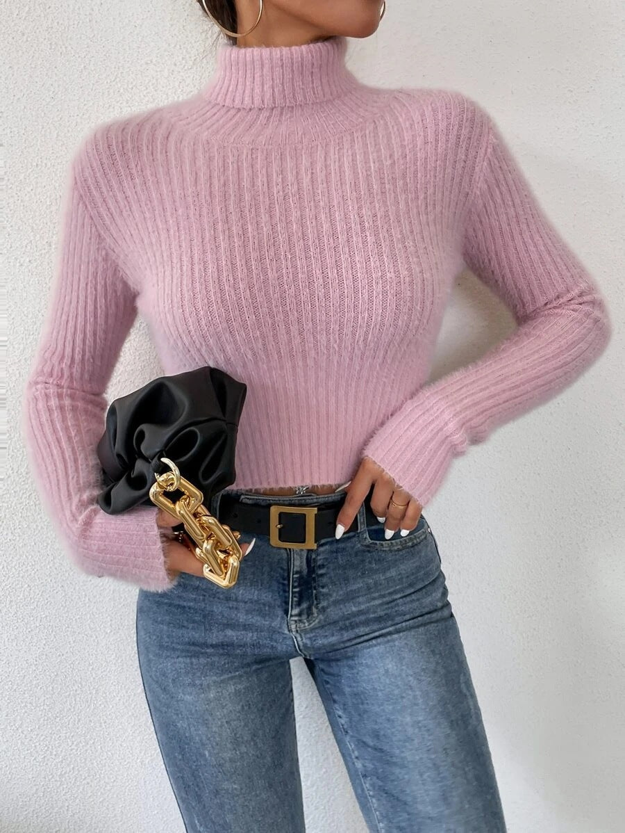 Women's Mohair Ribbed Cropped Turtleneck Sweater — View 6
