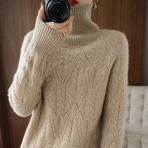 Women's Mohair Oversized Cable Knit Turtleneck Sweater — View 8