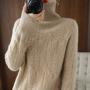 Women's Mohair Oversized Cable Knit Turtleneck Sweater — View 8