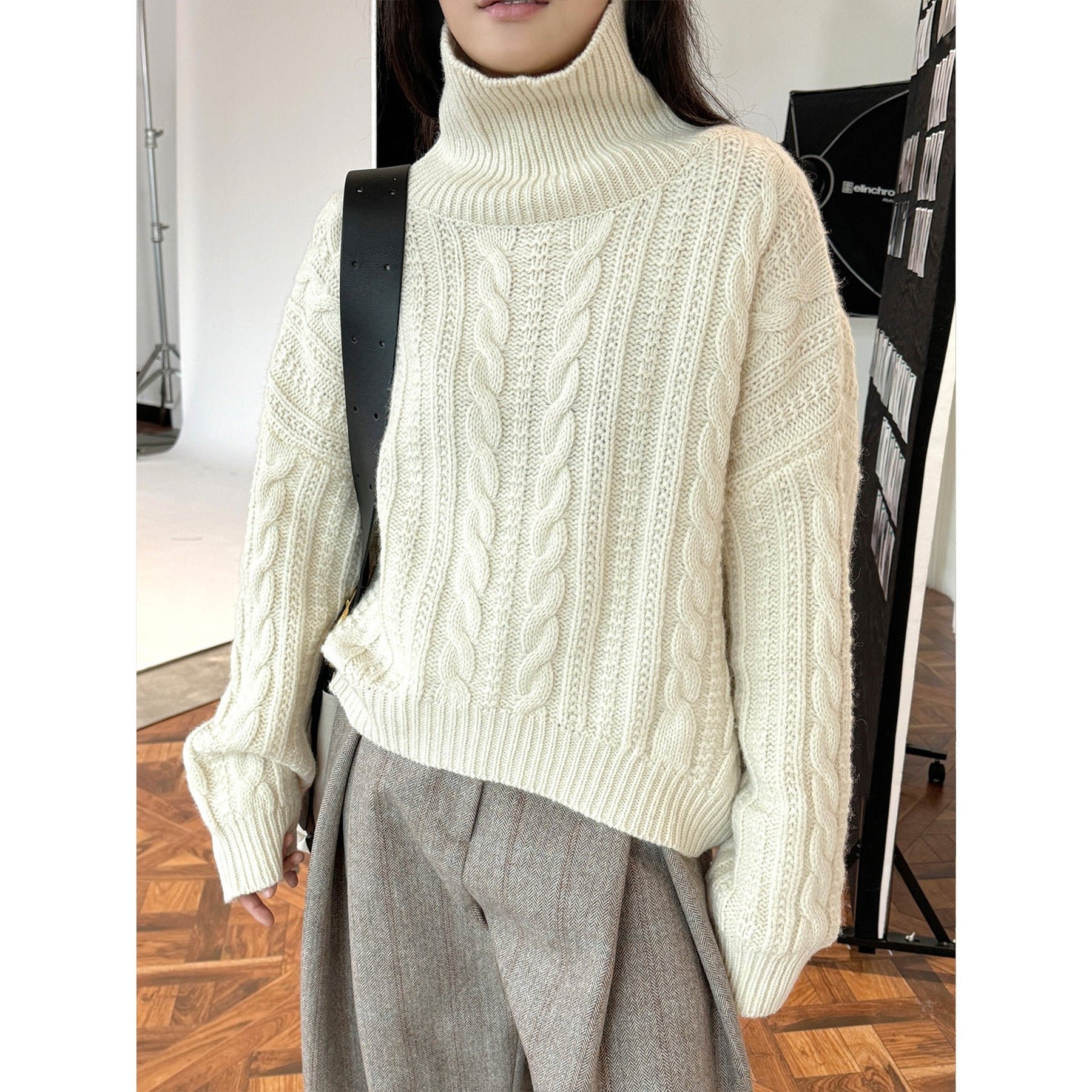 Women's Relaxed Fit Cable Knit Ribbed Turtleneck Sweater — View 4