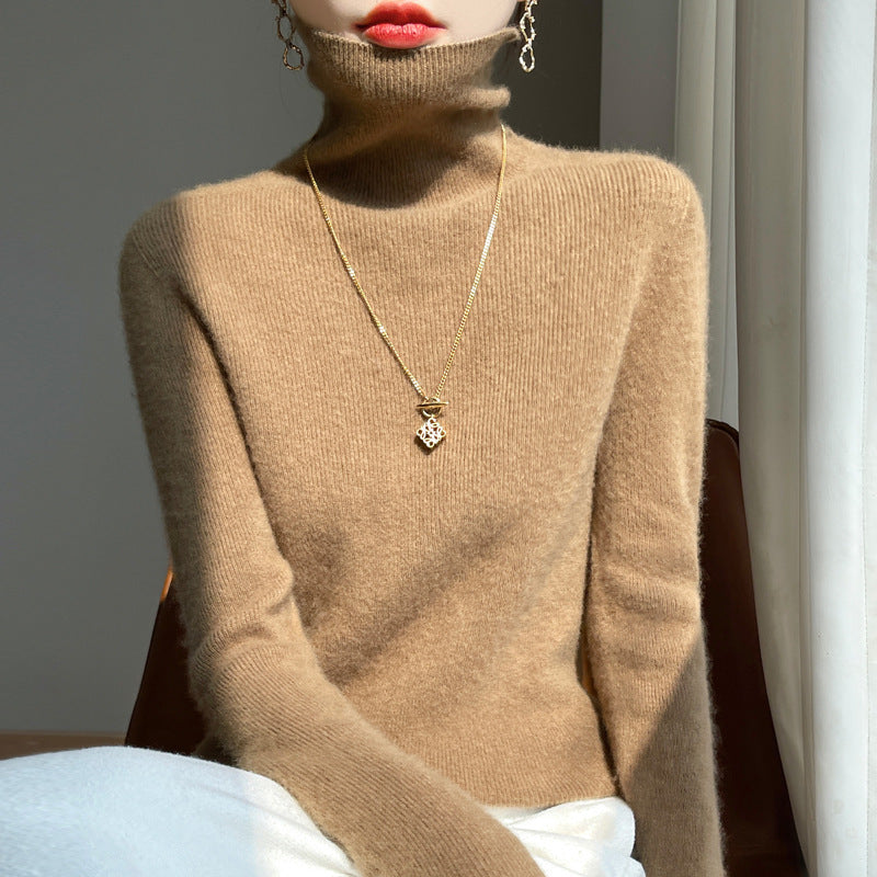Women's Fitted Ribbed Fine Knit Turtleneck Sweater — View 3