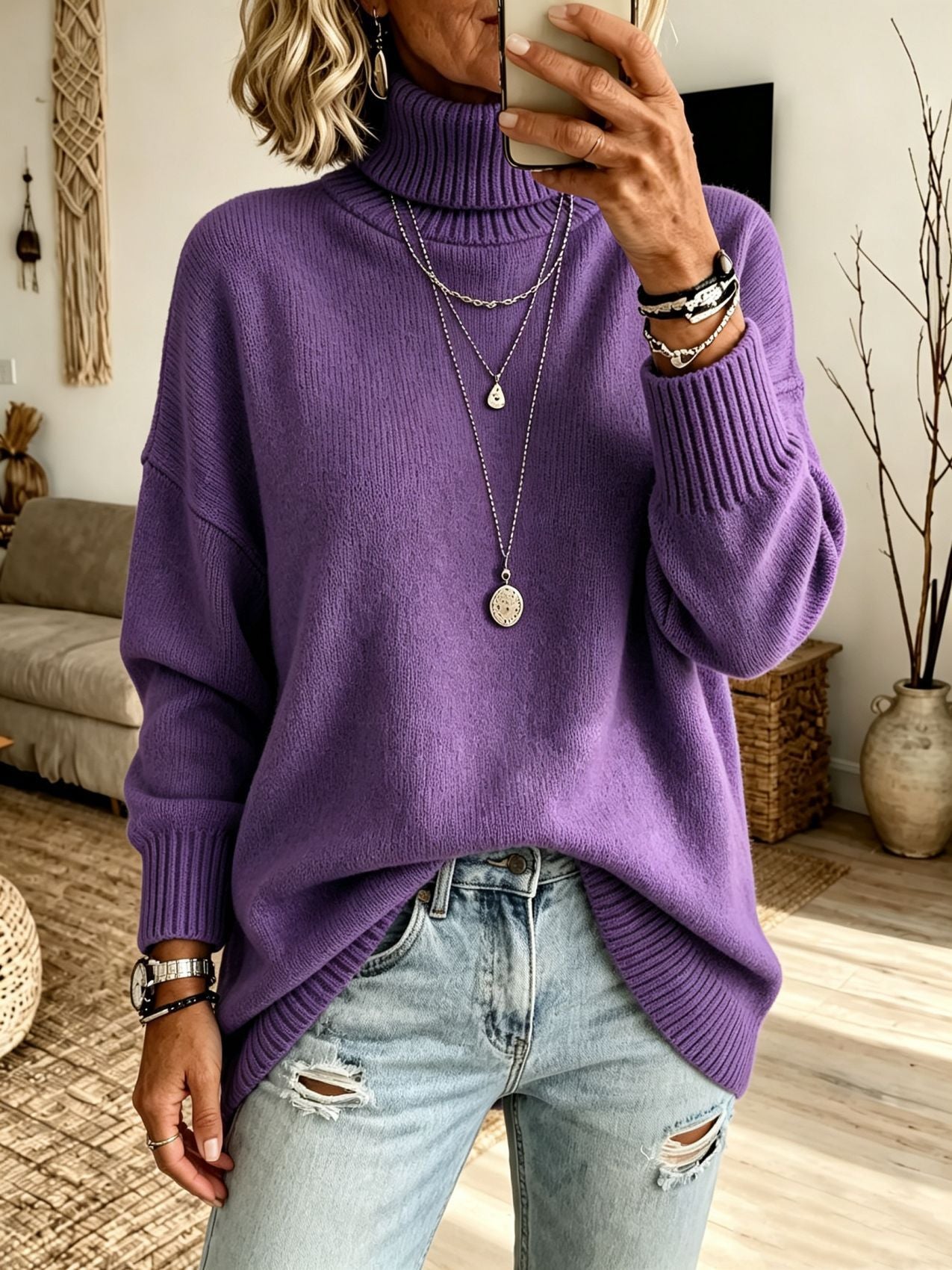 Women's Oversized Ribbed Fine Knit Turtleneck Sweater — View 23