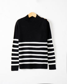 Women's Ribbed Fine Knit Striped Turtleneck Sweater — View 4