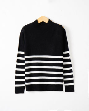Women's Ribbed Fine Knit Striped Turtleneck Sweater — View 4