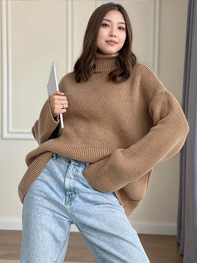 Women's Oversized Ribbed Drop Shoulder Turtleneck Sweater — View 6