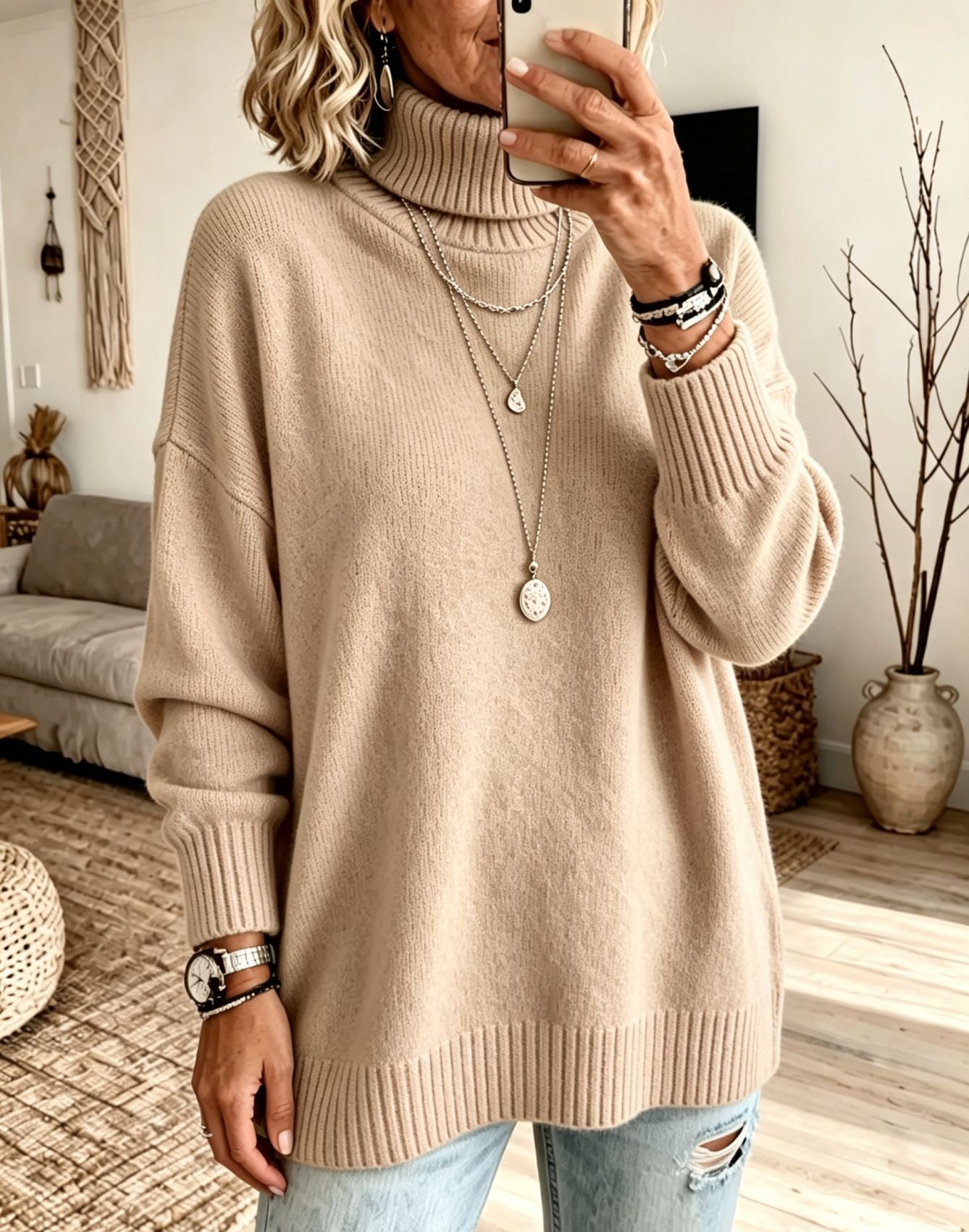 Women's Oversized Ribbed Fine Knit Turtleneck Sweater — View 20