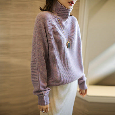 Women's Ribbed Fine Knit Raglan Sleeve Turtleneck Sweater — View 2
