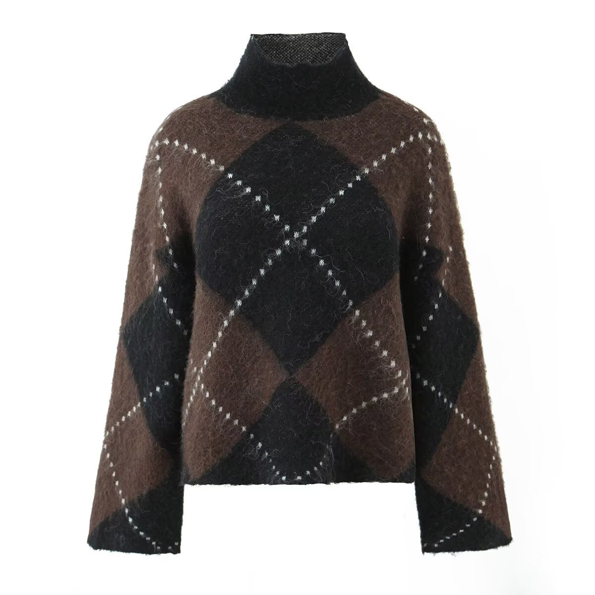 Women's Chunky Knit Geometric Turtleneck Sweater — View 5