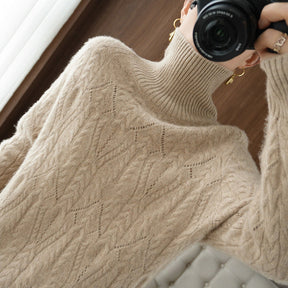 Women's Mohair Oversized Cable Knit Turtleneck Sweater — View 3